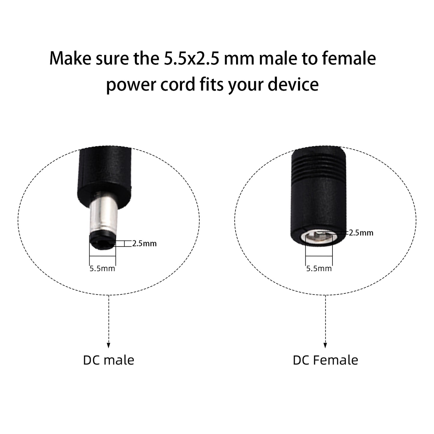 5.5x2.5mm 12 Volt, DC Power Extension Cord, Barrel Connector for Battery Packs, Routers, LED Strips, Projectors, Printers, Home Cameras, etc.