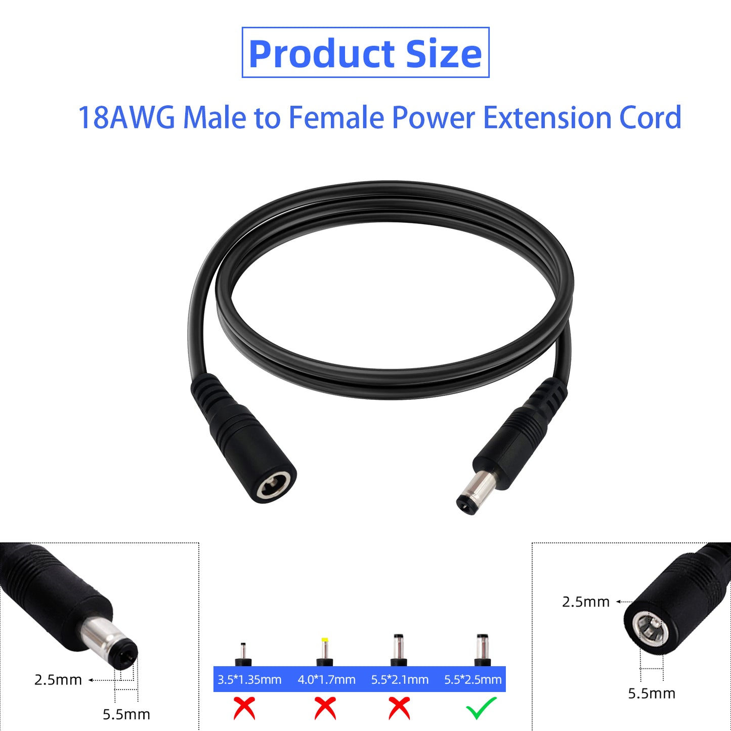 5.5x2.5mm 12 Volt, DC Power Extension Cord, Barrel Connector for Battery Packs, Routers, LED Strips, Projectors, Printers, Home Cameras, etc.
