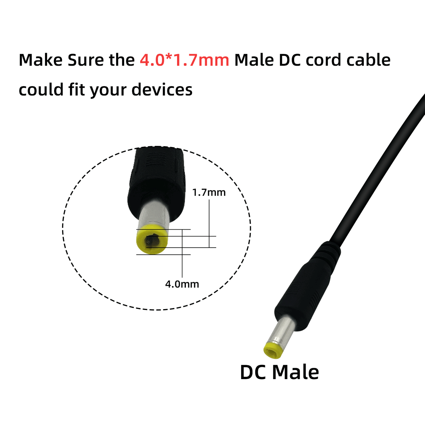 4.0x1.7mm 12V 3A pigtailed Power Cord for Outdoor Camera Battery Packs, LED Light Strips, and Fans Outdoor Camera