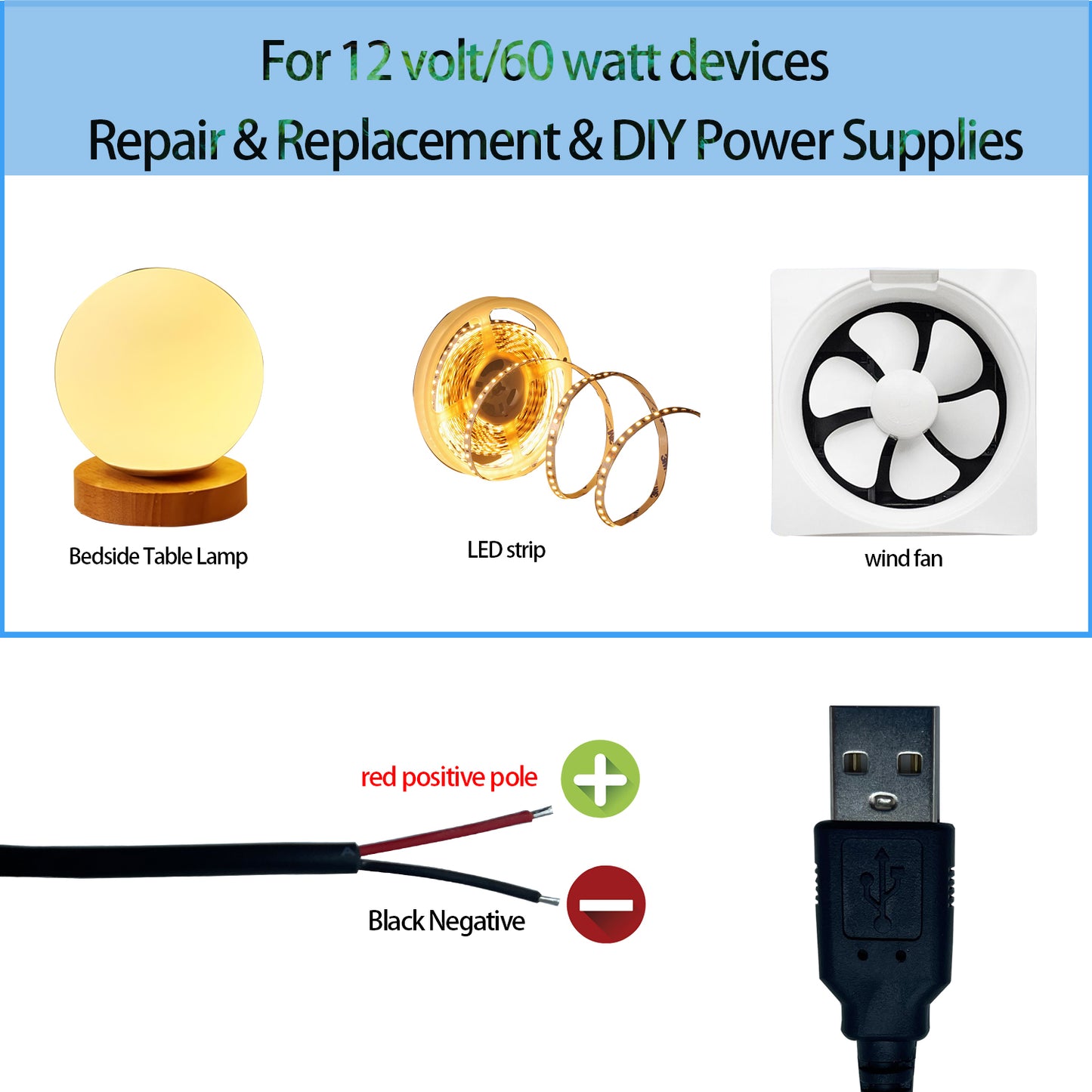 Male/Female USB Power Cord Tail Fiber Opening,5V /3A,Suitable for LED Strips, Convenient Fans, Bluetooth Speakers, etc. USB Devices Installation or Replacement Maintenance