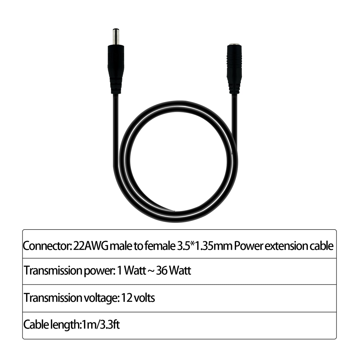 DC Power Adapter Male to Female Extension Cord, 3.5x1.35 mm, 12 Volt Plug Extension Cord, Barrel Connector, for: Under Cabinet Lighting, LED Strip Lights, CCTV Security Cameras, IP Cameras
