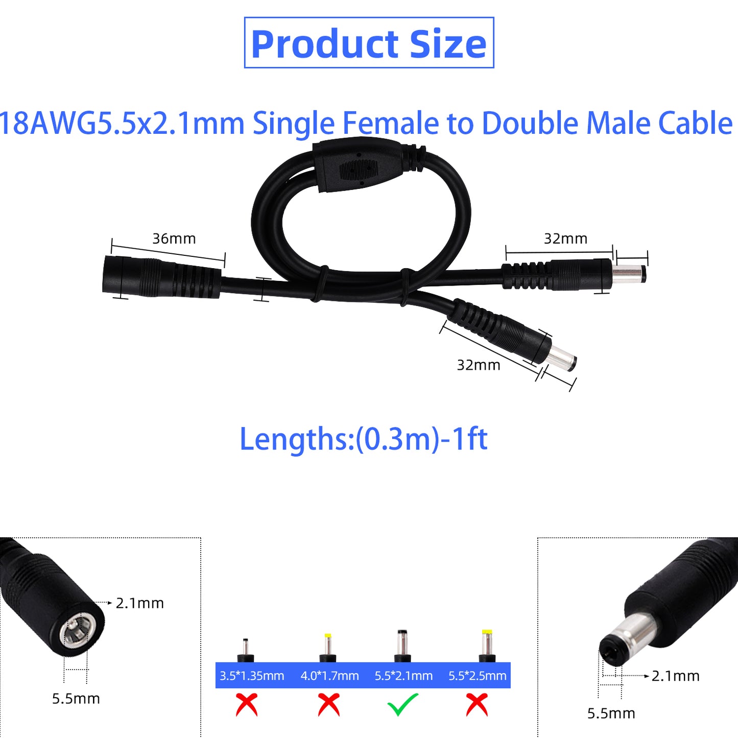 5.5x2.1mm 18AWG 12 Volt Splitter, Y-Shaped Power Distributor for LED Strip Splitter CCTV Surveillance Camera etc.
