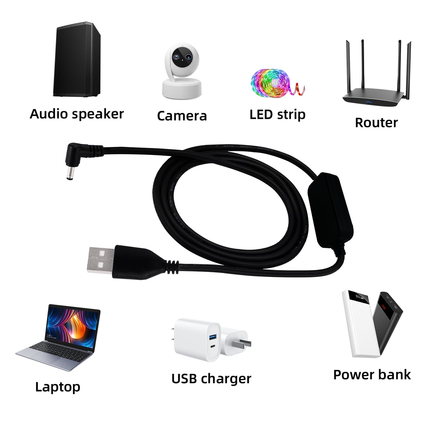 1pcs/3.3ft DC3.5x1.5mm 5V to DC 12V USB Voltage Boost Converter Cable,USB to 12v Adapter,Suitable for:IP Surveillance Cameras,Walkman Fans,LED Desk Lamps,Routers and Other Devices