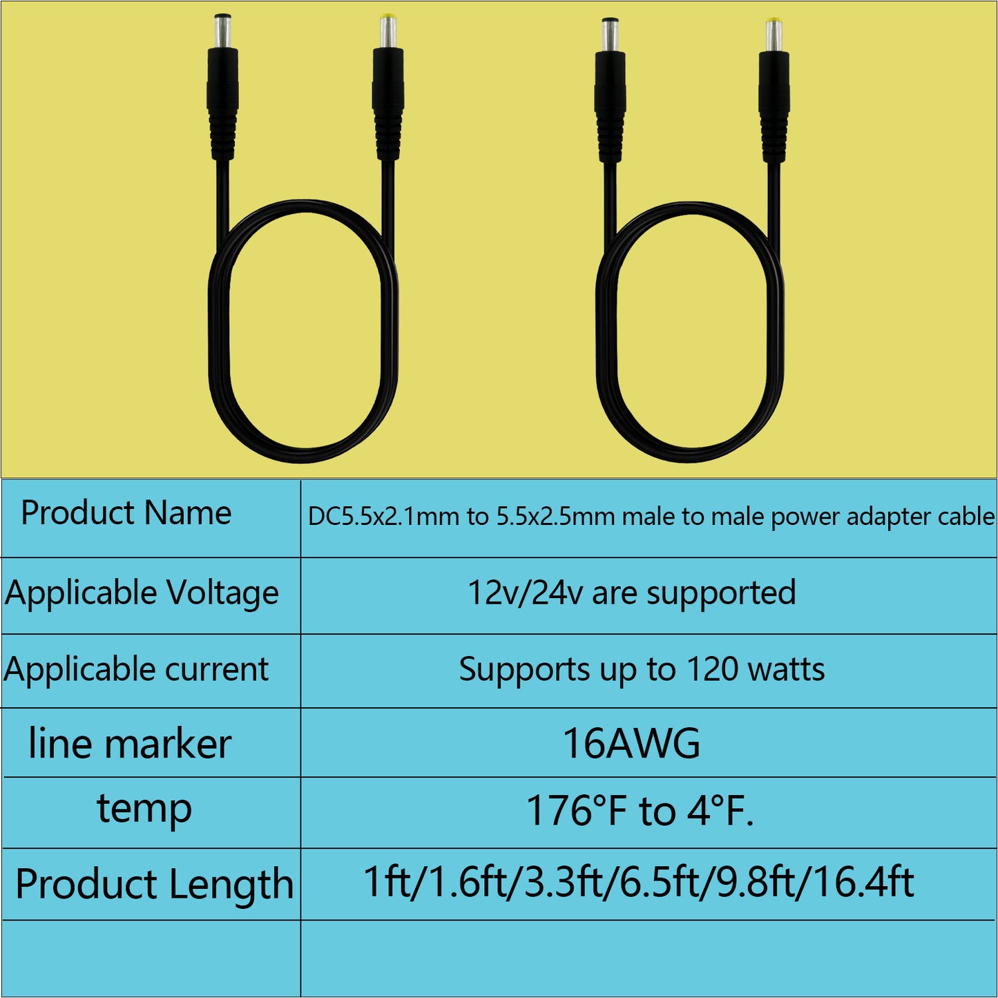 DC5.5x2.1mm to 5.5x2.5mm Male to Male 12 Volt Power Extension Cable Power Adapter for LED Strip Lights CCTV Security Surveillance Cameras