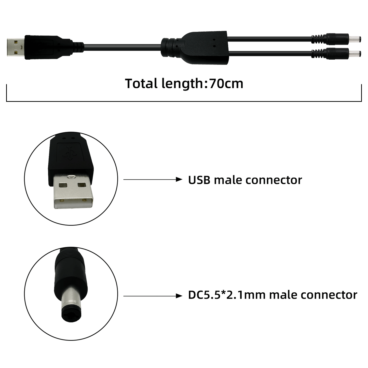 USB Male to DC5.5x2.1mm Male 12V 3A Power Splitter Power Adapter