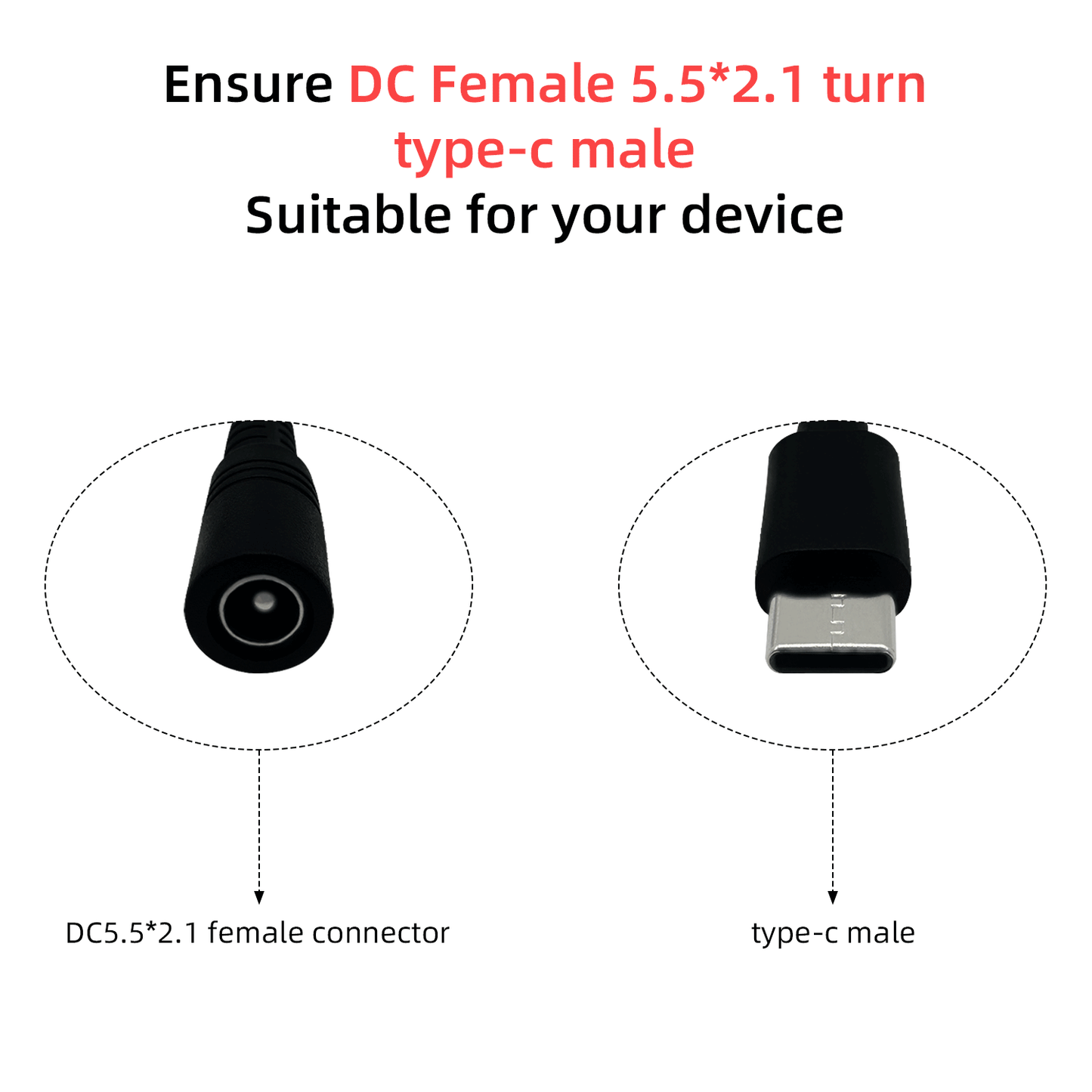 DC 5.5mm x 2.1mm female to type-c mili USB Micro USB power cable for LED desk lamps, small fans and other C-port devices
