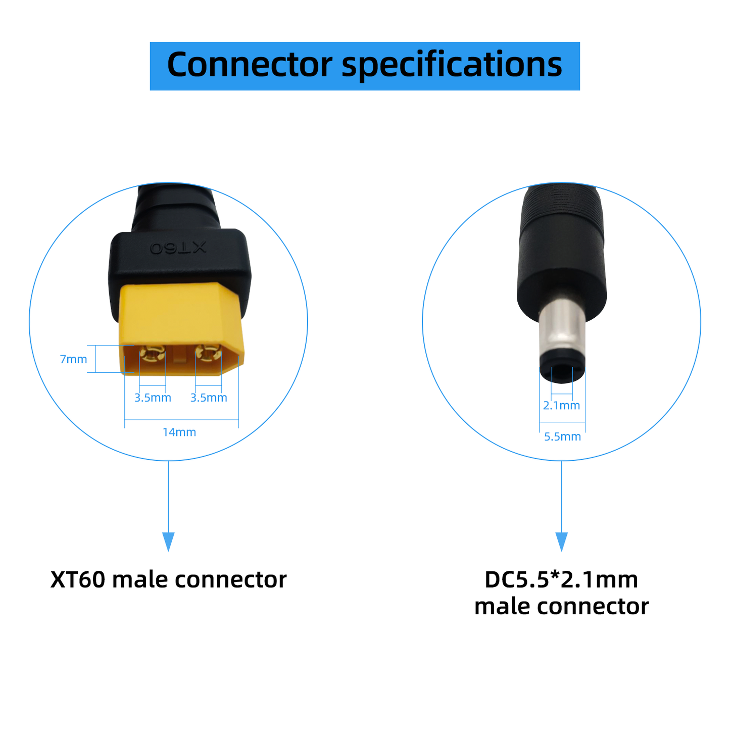 XT60 to DC5.5x2.1mm 14AWG Power Cord, Adapter for FPV, Goggles, Outdoor Power Cords, Solar Batteries, etc.