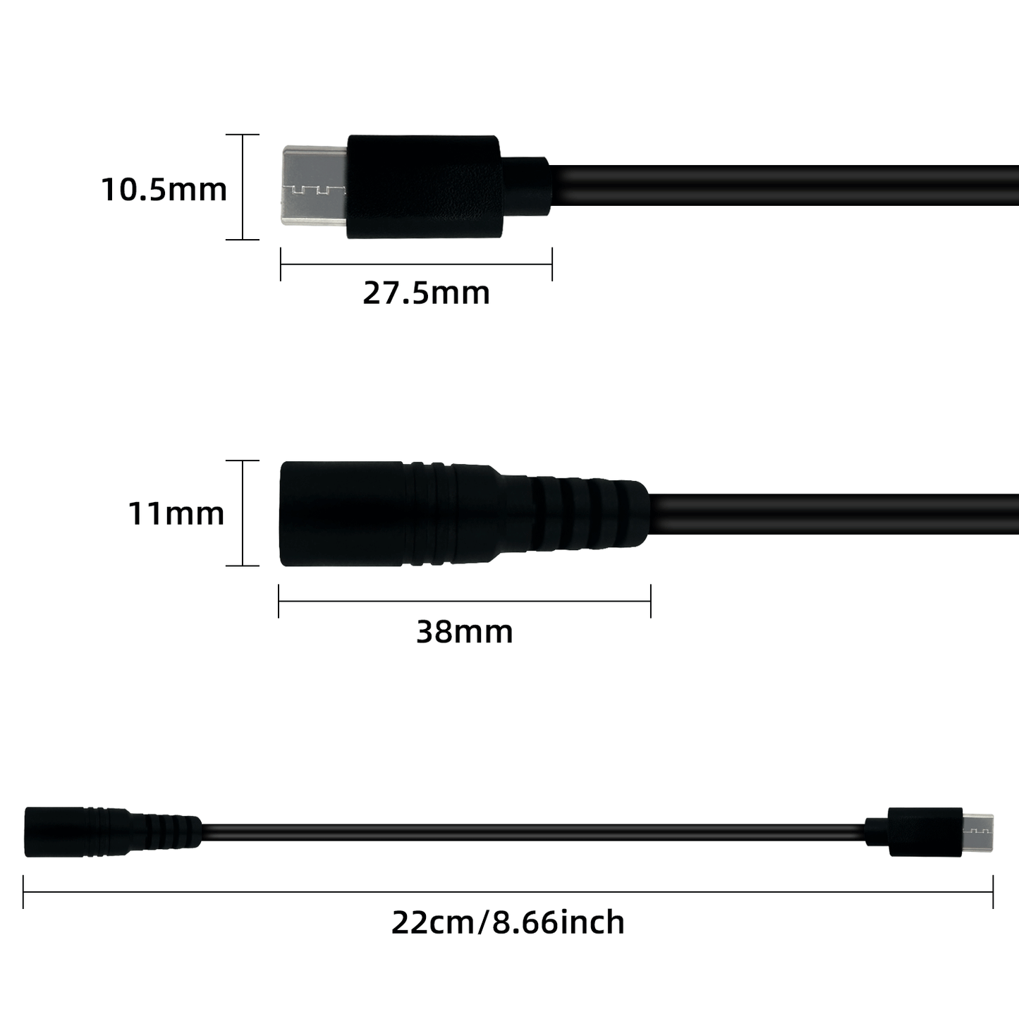 DC 5.5mm x 2.1mm female to type-c mili USB Micro USB power cable for LED desk lamps, small fans and other C-port devices