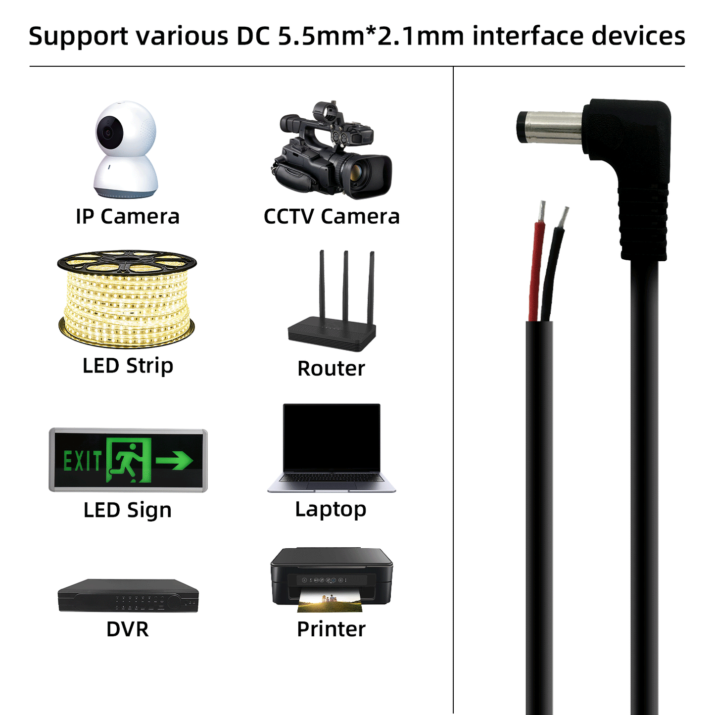 5.5x2.1 mm 12V 3A DC Pigtail Power Cord 12 Volt Male Plug Power Replacement Repair Cord