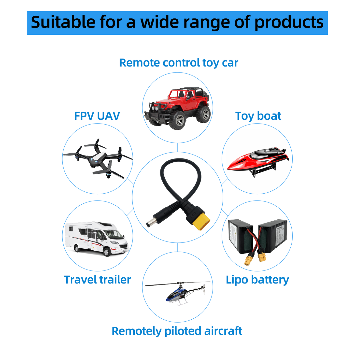 XT60 to DC5.5x2.1mm 14AWG Power Cord, Adapter for FPV, Goggles, Outdoor Power Cords, Solar Batteries, etc.
