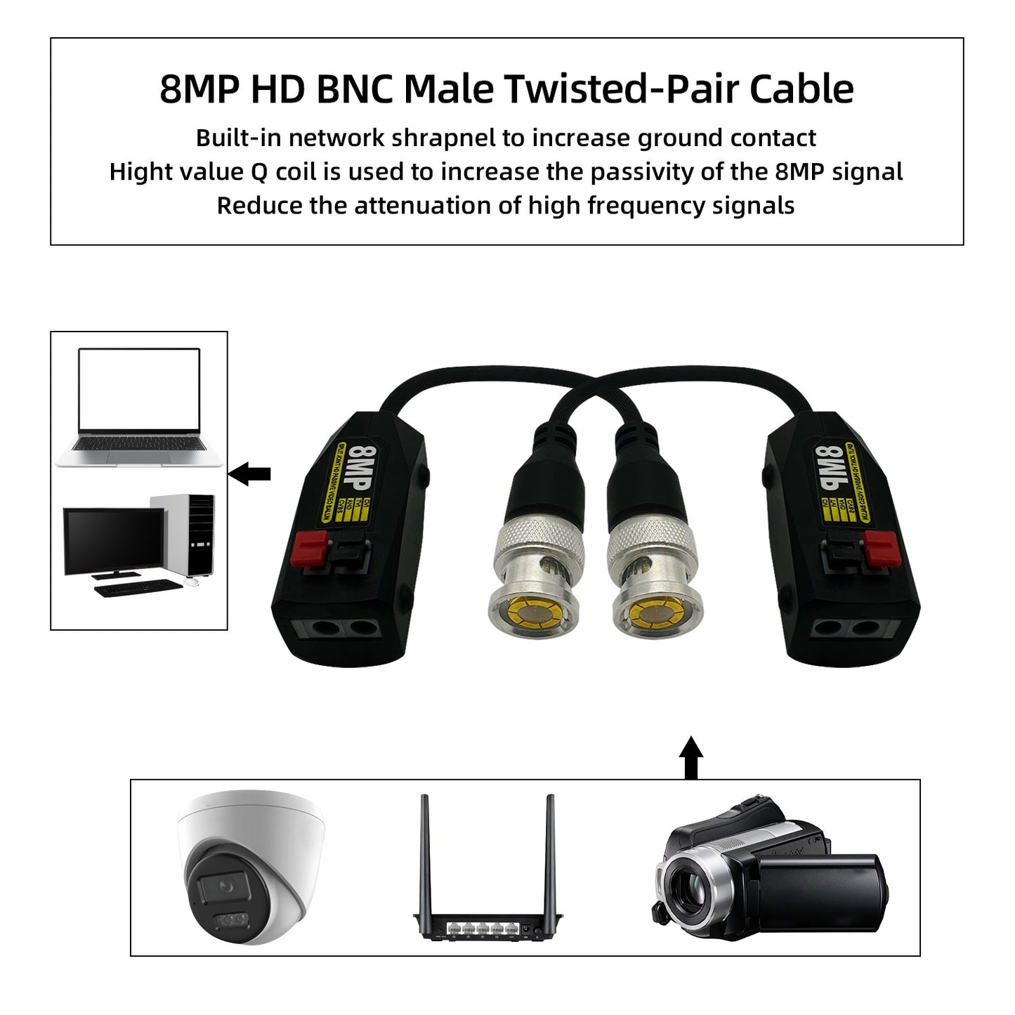 4pcs 8MP BNC Video Baluns, Passive Connectors for CCTV Surveillance Cameras/HD/CVI/AHD/TVI/CVBS