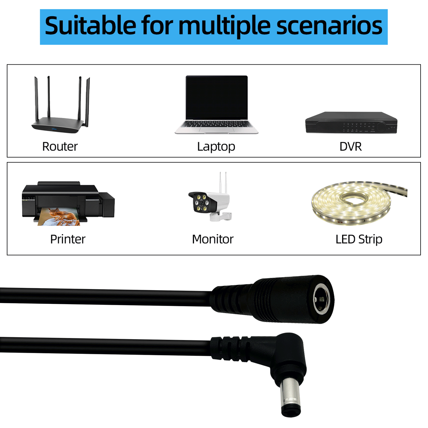DC5.5 x 2.5mm Male to Female 12V Power Extension Cable Barrel Connector for CCTV Surveillance Camera Router LED Strip Light DRV Printer