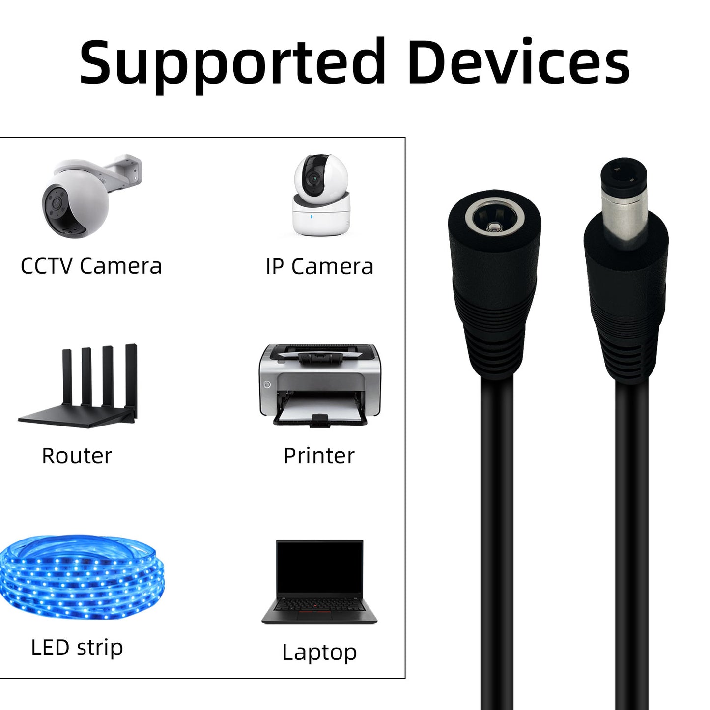 16AWG 5.5X 2.5mm, DC Extension Cable for IP Cameras CCTV Surveillance Cameras, LED Connectors DVR, Routers