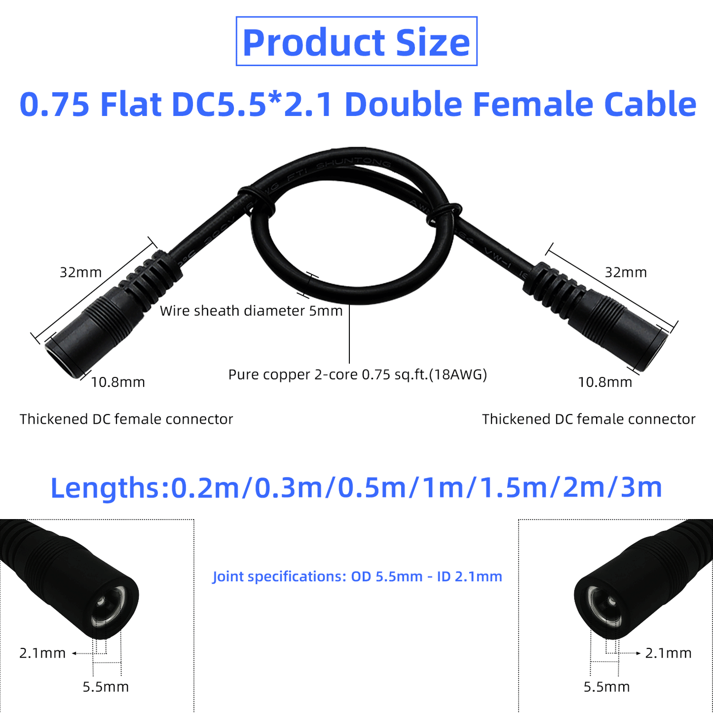 DC5.5x2.1mm Female to Female 12V 5A Barrel Connector, 18AWG, 12V Power Extension Cord