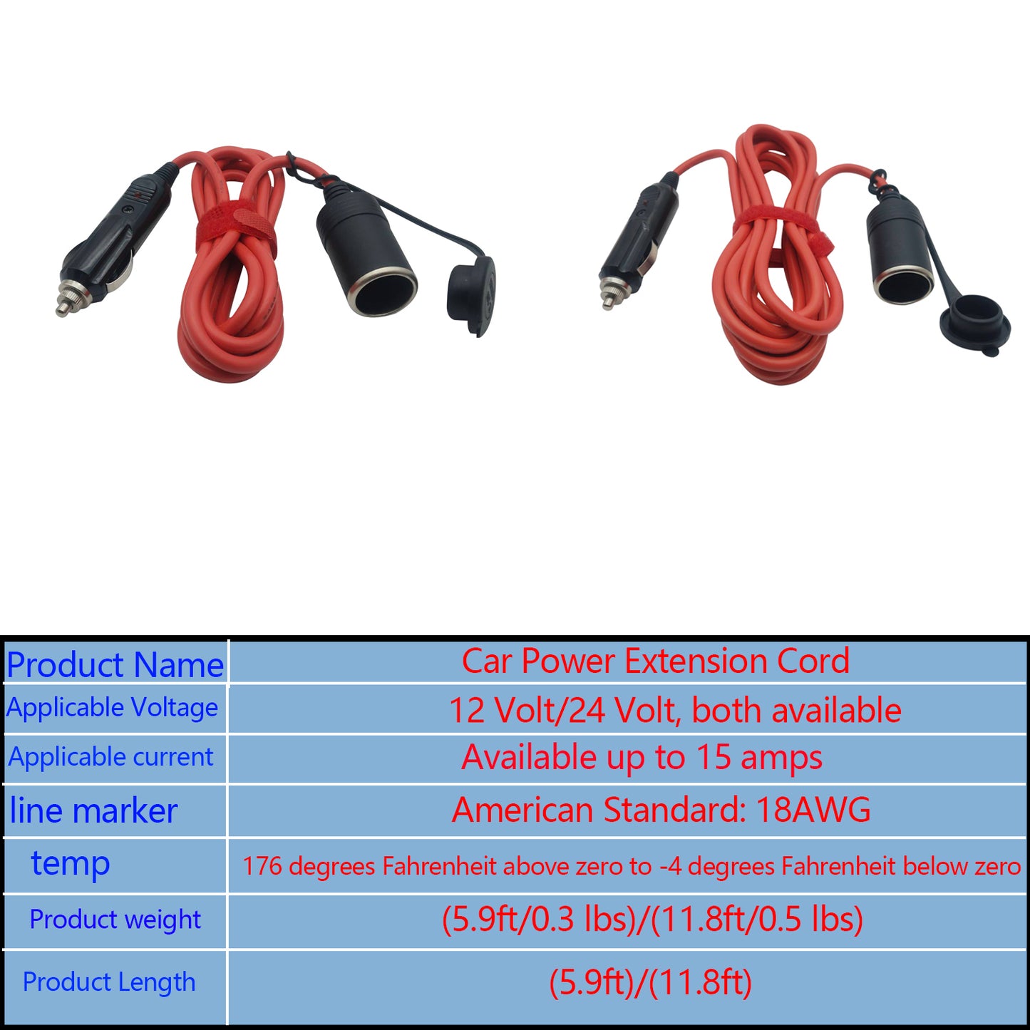 Heavy Duty Car Extension Cord, American Standard 18AWG, 12 Volt/24 Volt Automotive Car Extension Cord due to Tire Inflator, Cleaner, Convenient Refrigerator