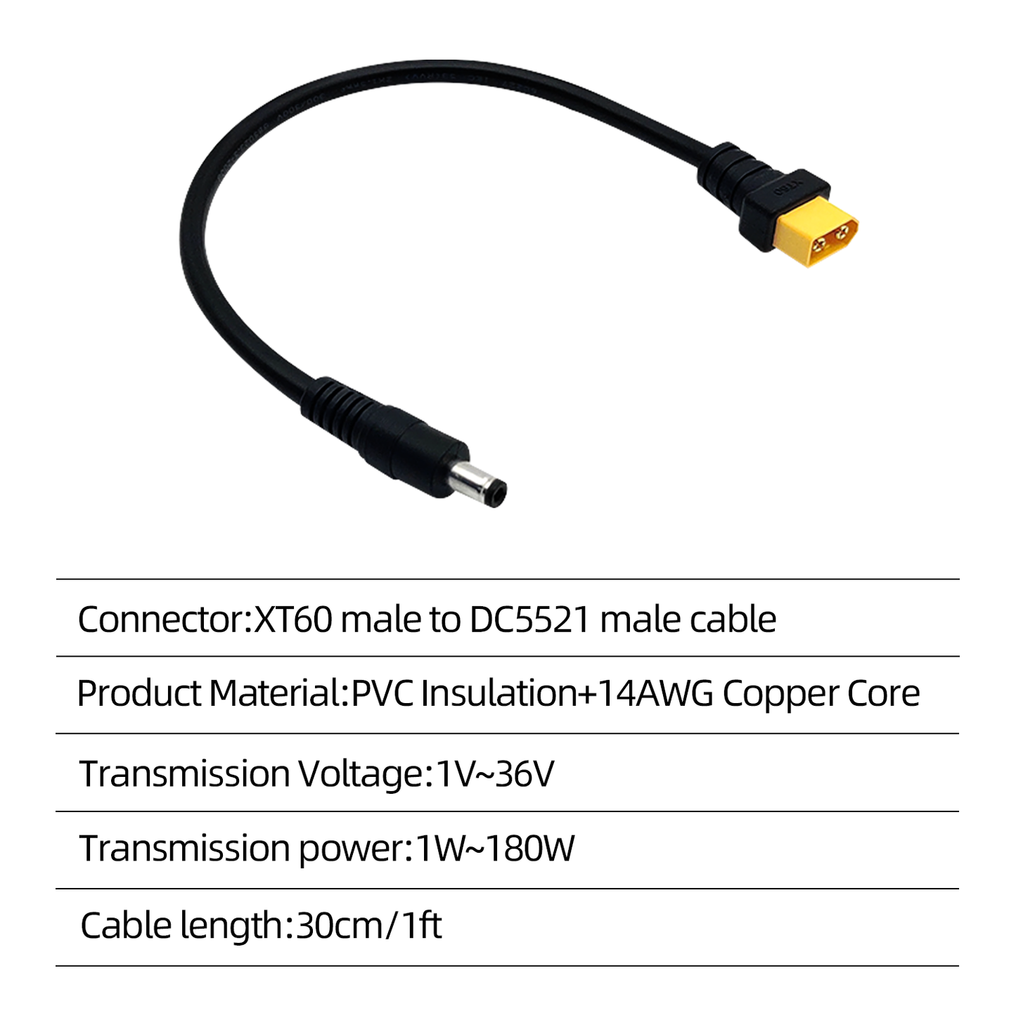 XT60 to DC5.5x2.1mm 14AWG Power Cord, Adapter for FPV, Goggles, Outdoor Power Cords, Solar Batteries, etc.