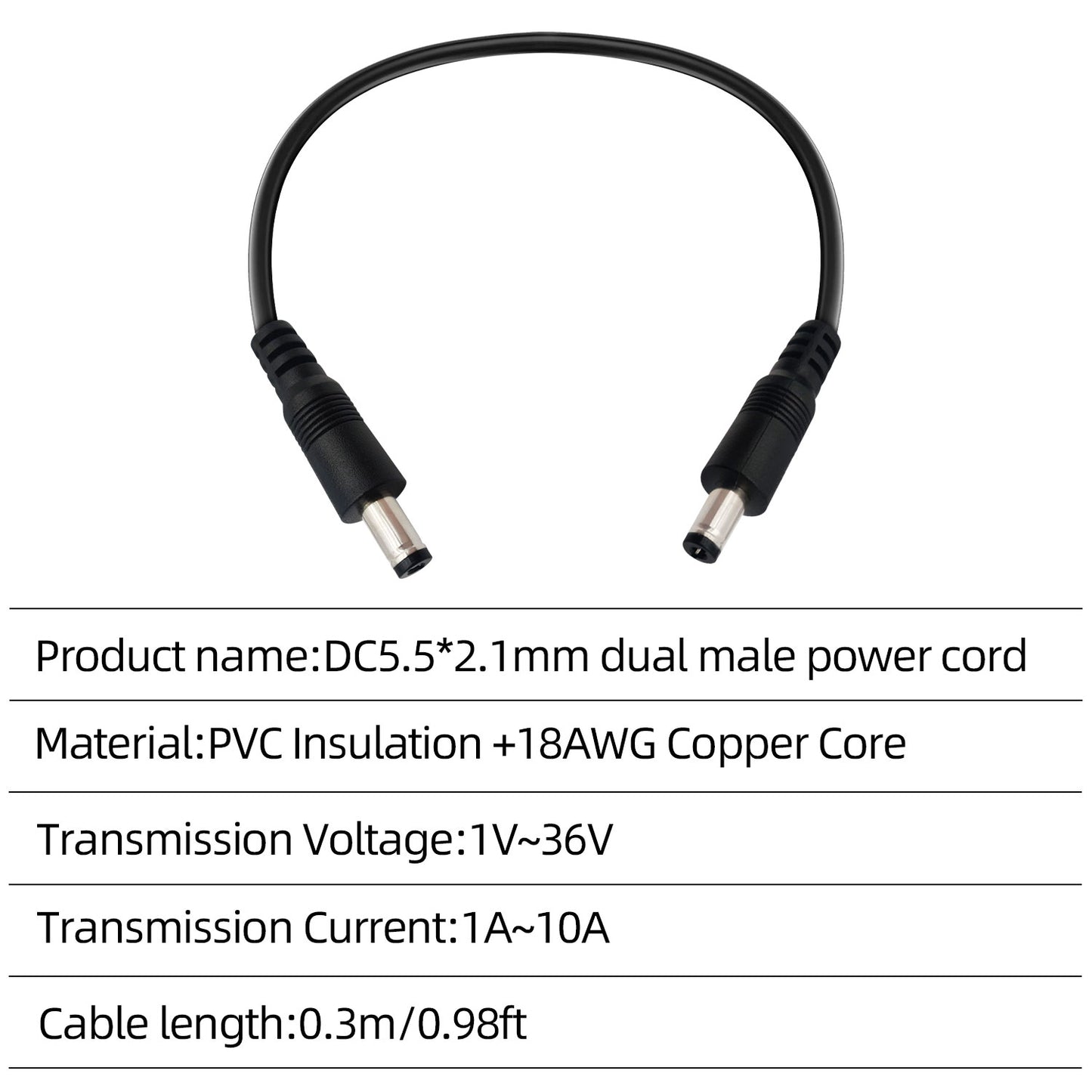 DC5.5x2.1mm 12V Male to Male Cable 18AWG Male to Male Extension Cable 12V Emergency Power 5521 Connector