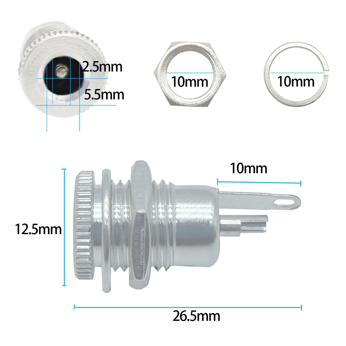 DC Power Jack 5.5 x 2.5mm Female DC Cartridge Jack Panel Mount Connector