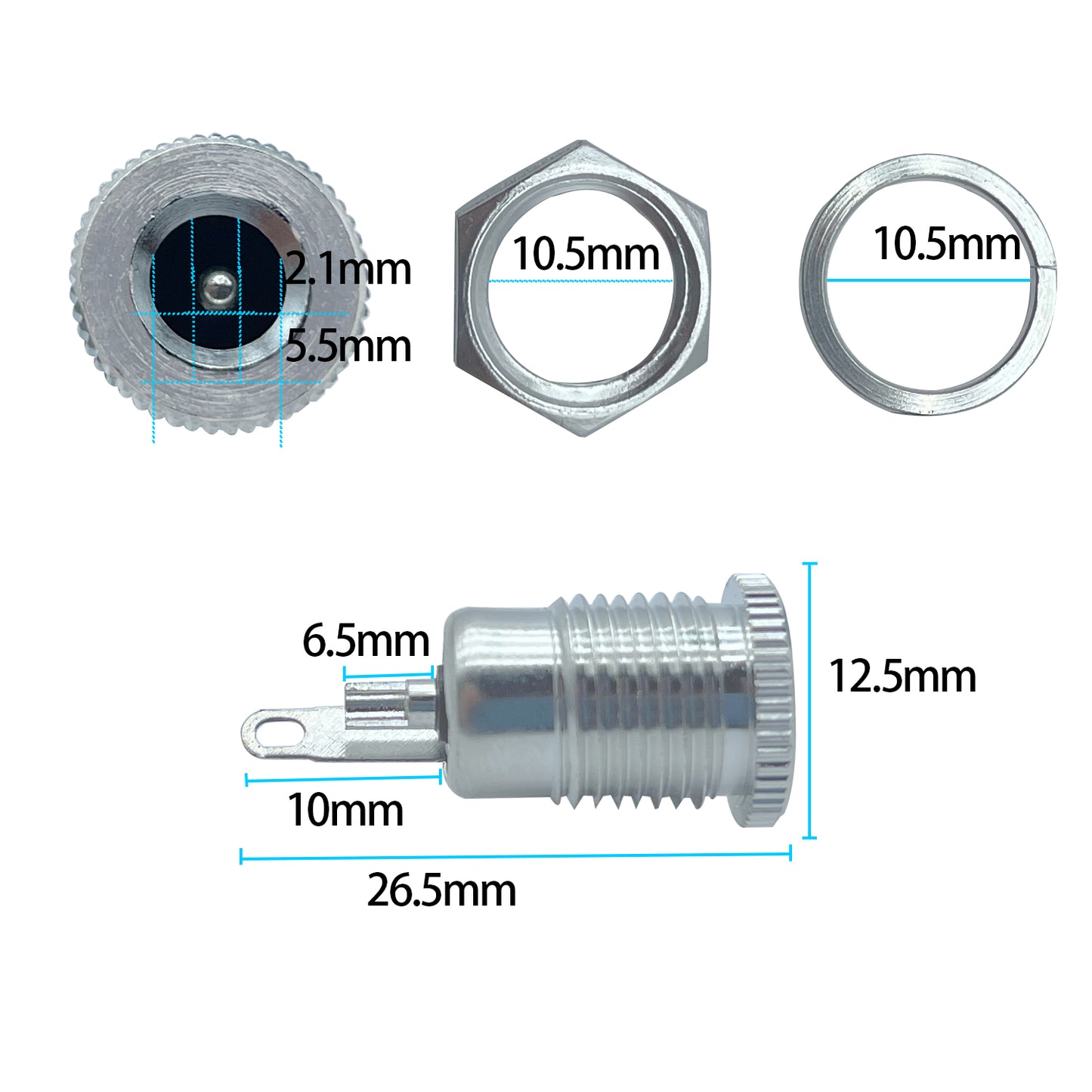 DC Power Jack 5.5 x 2.1 mm Female DC Plug-in Jack Panel Mounting Connectors