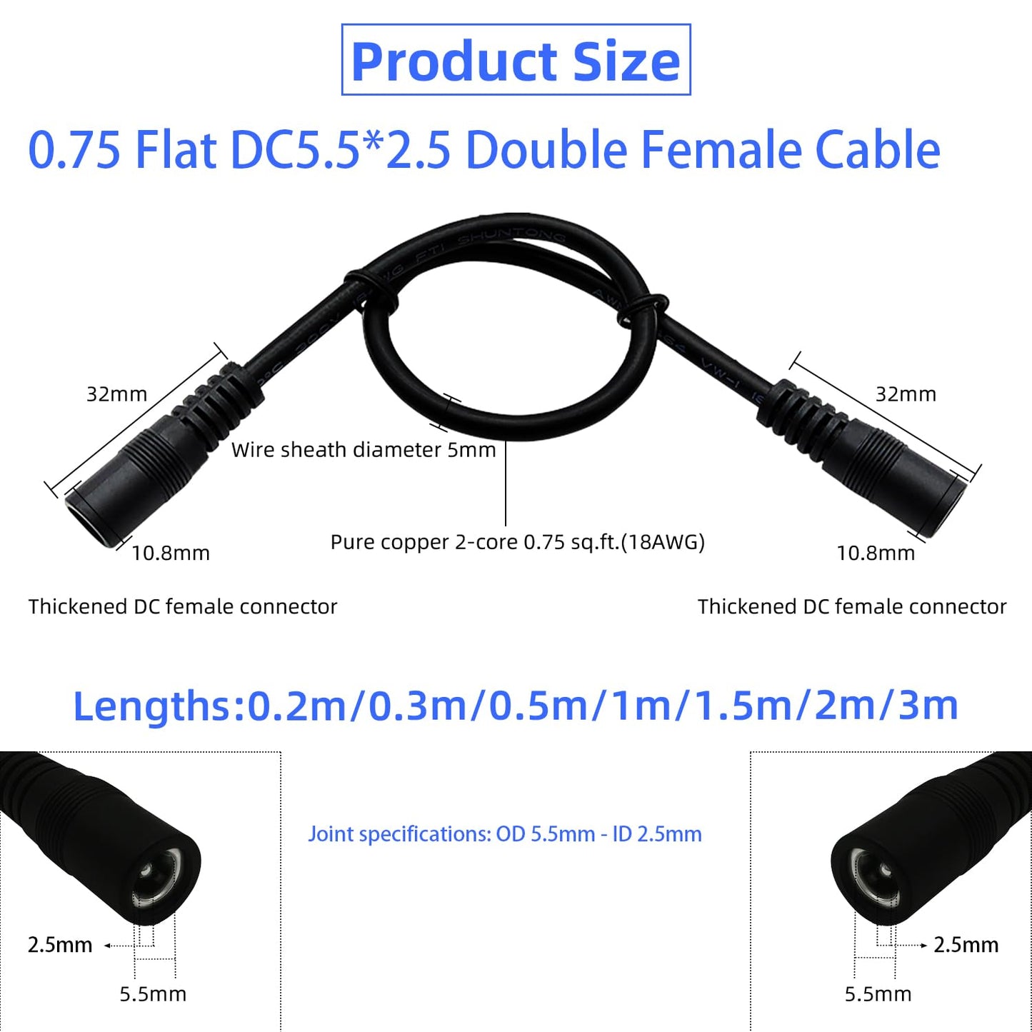 DC5.5x2.5mm, Female to Female, DC Power Extension Cord, Connection Cord